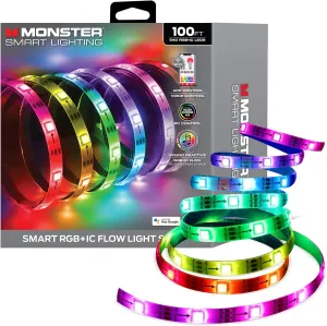 Monster Smart RGB IC LED Light Strip, 100’ Foot Indoor Sound Reactive Multi Color Chasing LED Light Strip, Works with App, Alexa, & Google Home, Razer Chroma Smart Gaming Lights, 540 RGB IC LED Lights