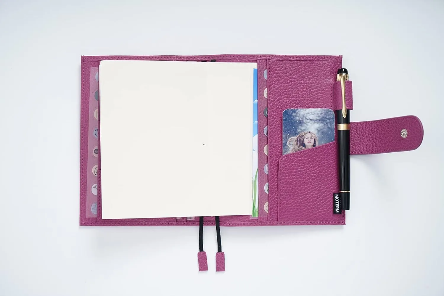 Moterm Leather Cover for A6 Notebooks - Fits Hobonichi Original, Stalogy and Midori MD Planners, with Pen Loop, Card Slots and Back Pocket (Firm Pebbled-Fuchsia Rose, A6 )