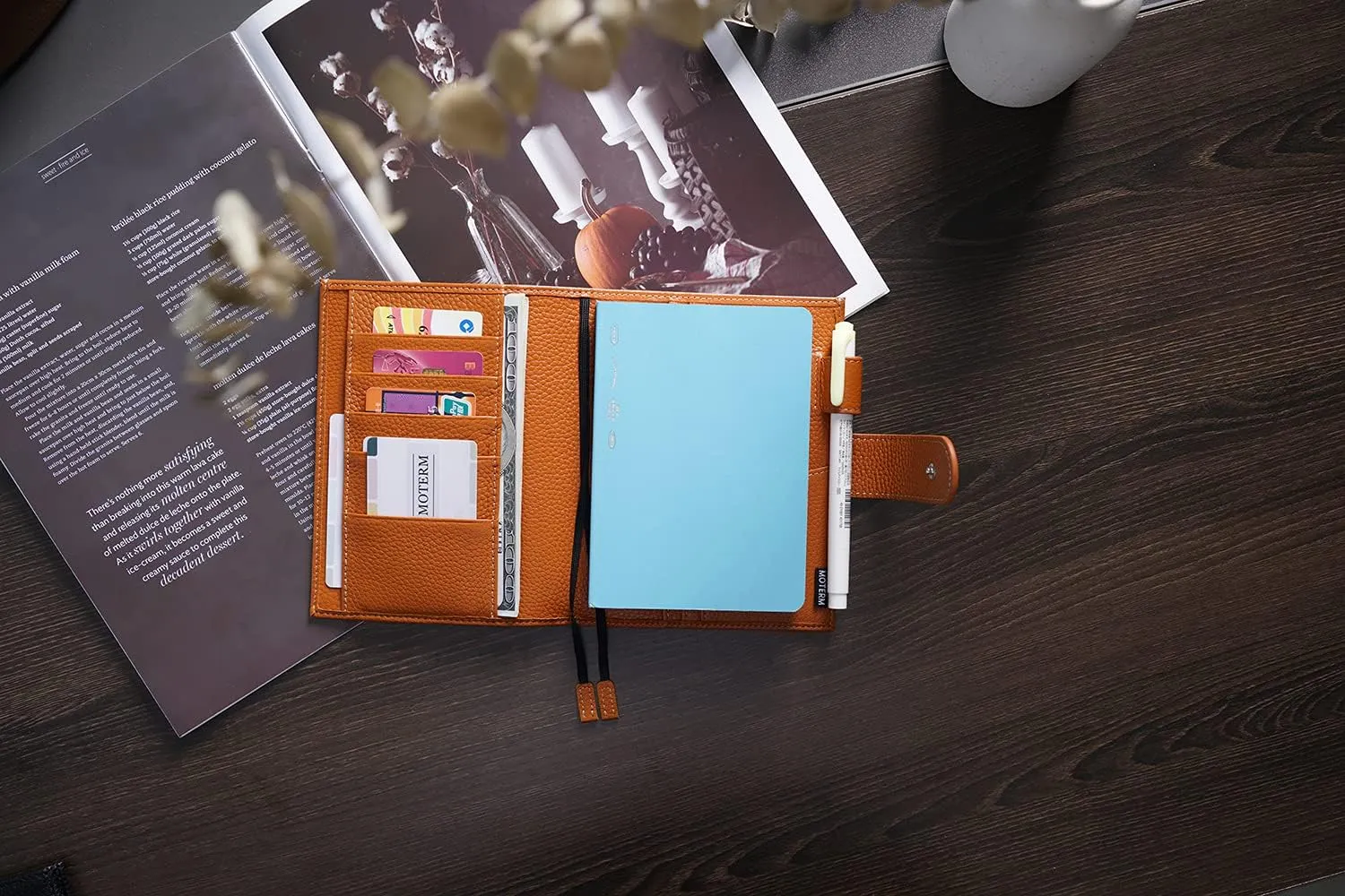 Moterm Leather Cover for A6 Notebooks - Fits Hobonichi Original, Stalogy and Midori MD Planners, with Pen Loop, Card Slots and Back Pocket (Pebbled-Burnt Orange, A6 )