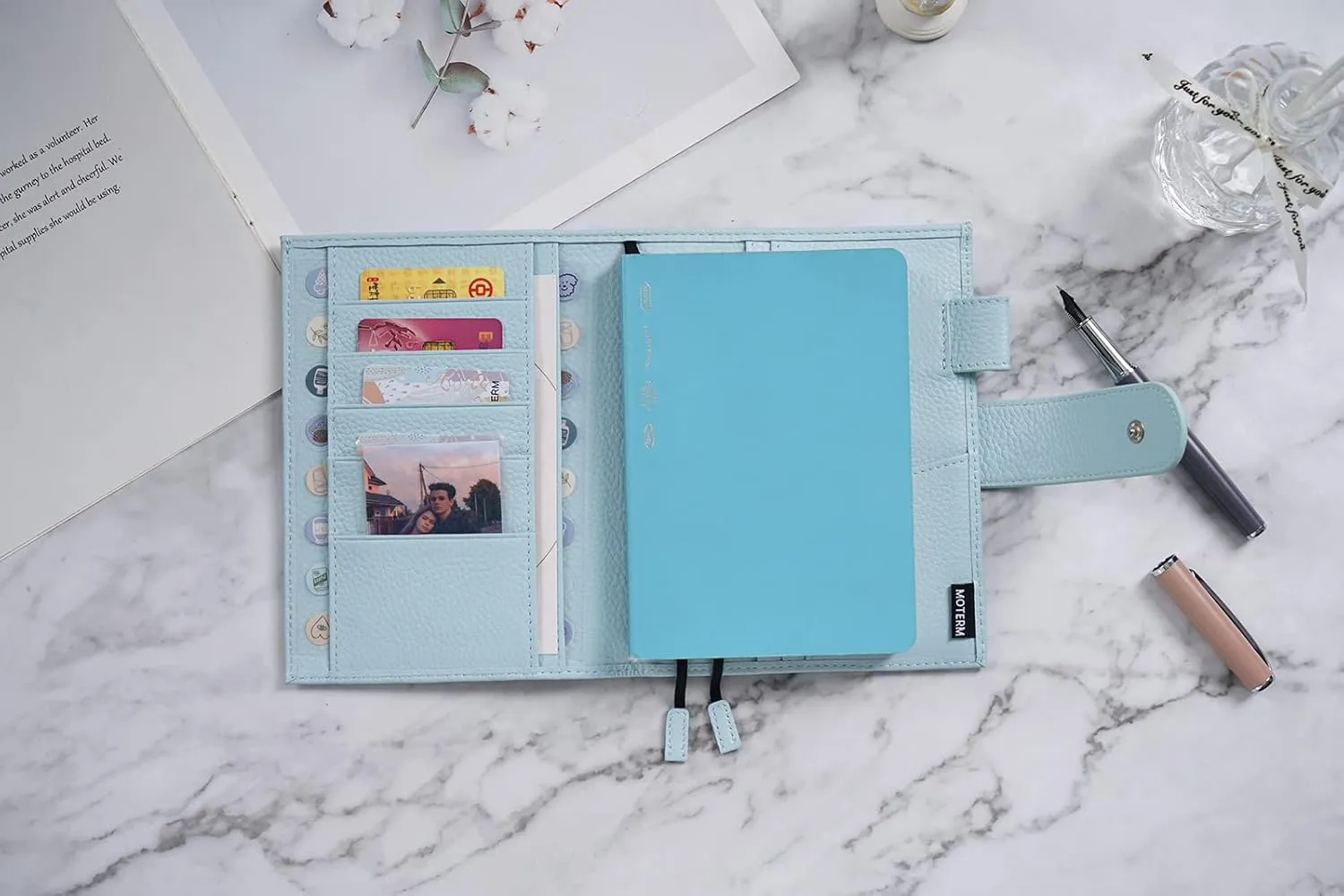 Moterm Leather Cover for A6 Notebooks - Fits Hobonichi Original, Stalogy and Midori MD Planners, with Pen Loop, Card Slots and Back Pocket (Pebbled-Light Blue, A6 )