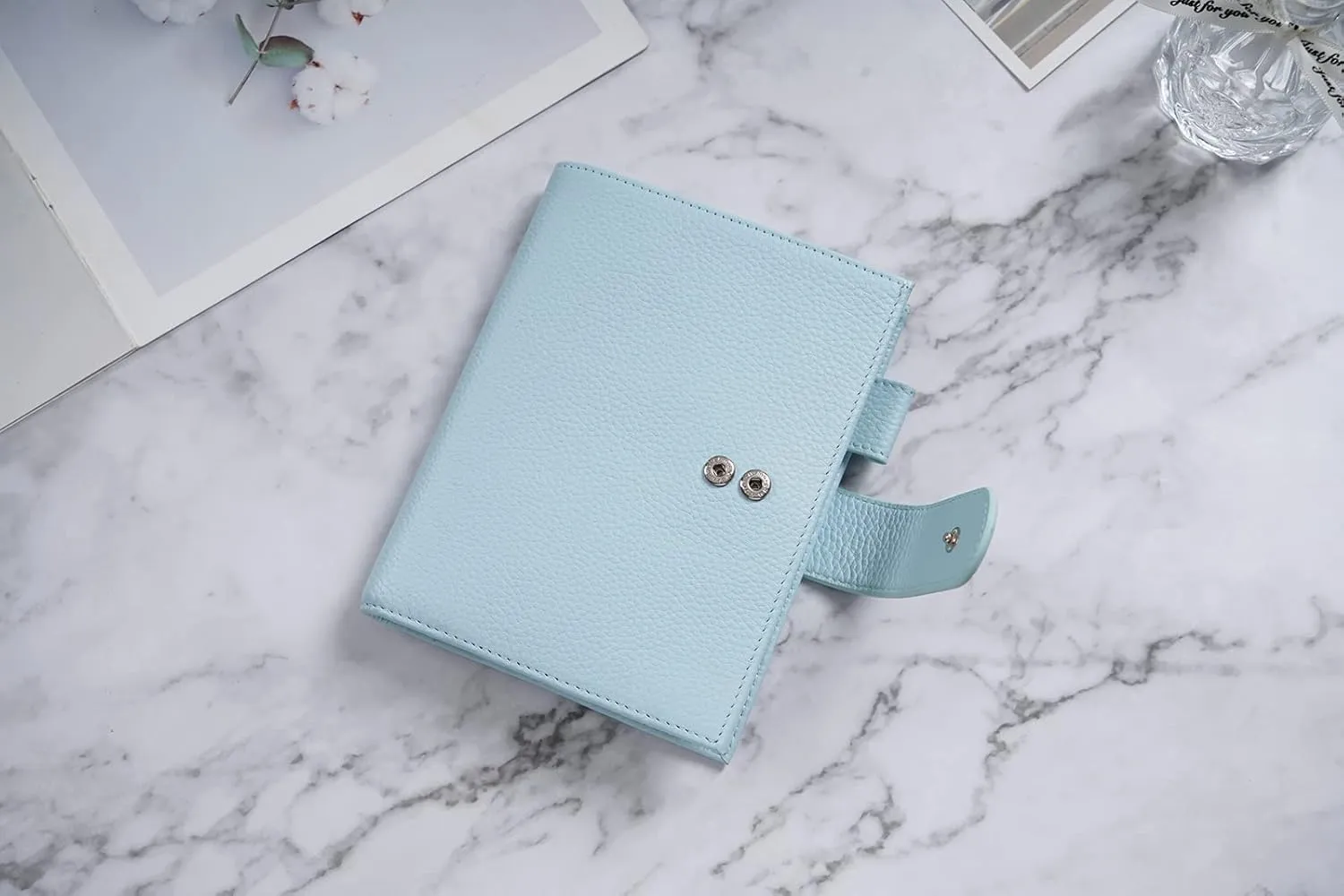 Moterm Leather Cover for A6 Notebooks - Fits Hobonichi Original, Stalogy and Midori MD Planners, with Pen Loop, Card Slots and Back Pocket (Pebbled-Light Blue, A6 )
