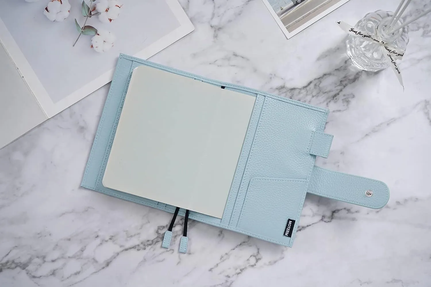 Moterm Leather Cover for A6 Notebooks - Fits Hobonichi Original, Stalogy and Midori MD Planners, with Pen Loop, Card Slots and Back Pocket (Pebbled-Light Blue, A6 )