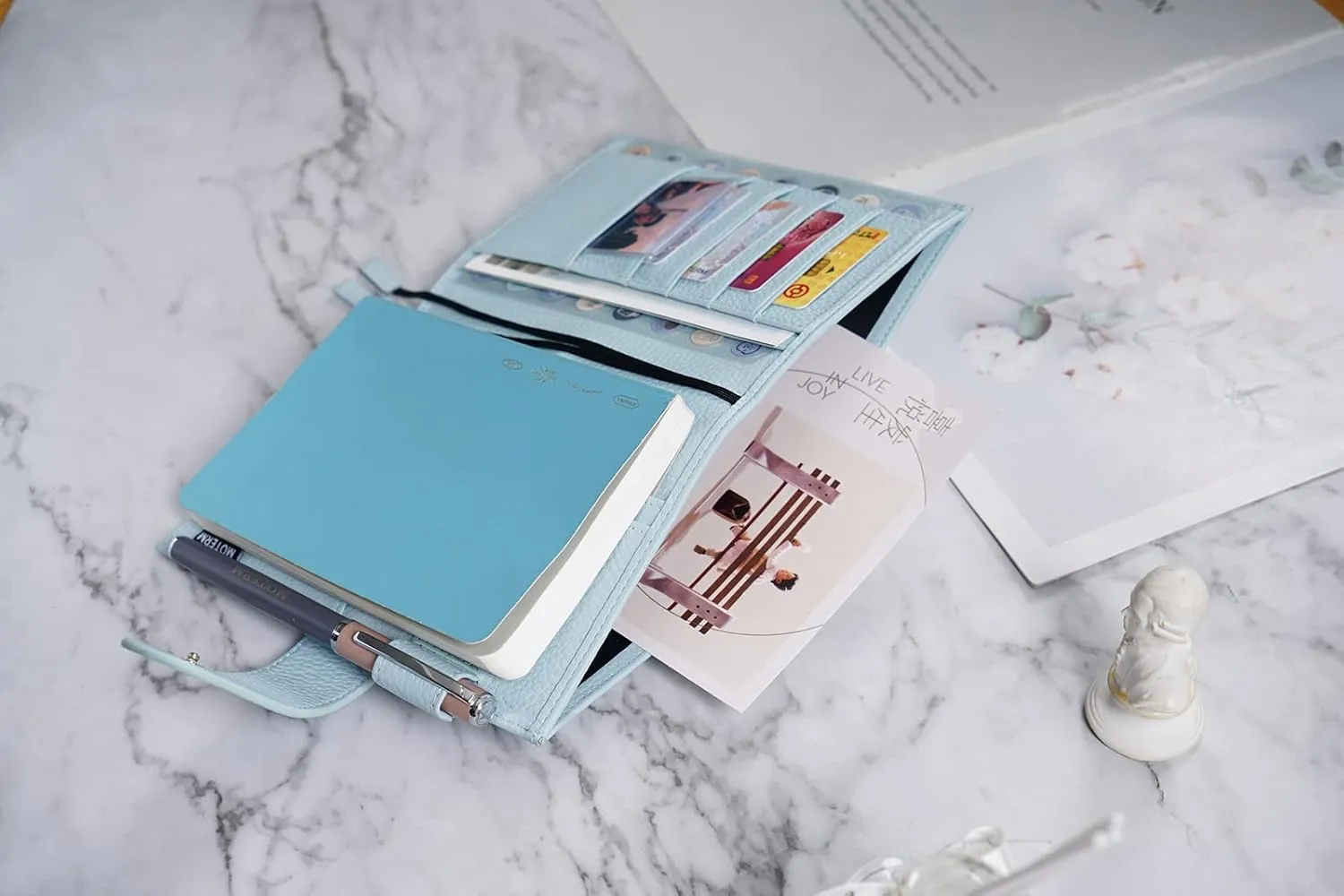 Moterm Leather Cover for A6 Notebooks - Fits Hobonichi Original, Stalogy and Midori MD Planners, with Pen Loop, Card Slots and Back Pocket (Pebbled-Light Blue, A6 )