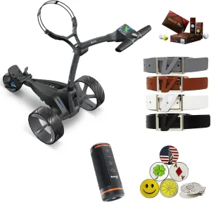 Motocaddy New M5 GPS DHC Electric Golf Caddy Cart Bundle with Holders, Device Cradle, Bushnell Wingman, Volvik Leather Belts, 1 Dozen Volvik Golf Balls, 5 Ball Markers
