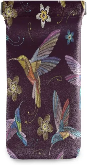 MOYYO Beautiful Hummingbirds Exotic Flowers Embroidery Eyeglass Pouch Squeeze Top Portable Sunglasses Bag Pouch PU Leather Eyeglass Goggles Case Cosmetic Holders Mulituse for Women Girl