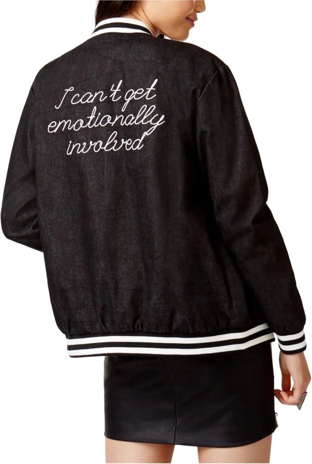 MP|D Women's Embroidered Denim Striped Varsity Slogan Jacket Black Size L