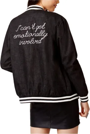 MP|D Women's Embroidered Denim Striped Varsity Slogan Jacket Black Size L