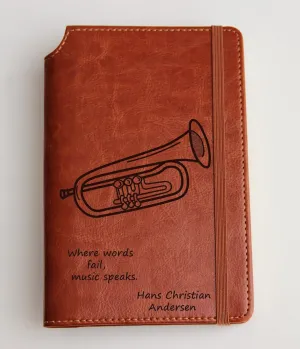 Musical Instrument Music Notes Journal Customizable engraved Journal leather bound, strip with the same color to keep it closed