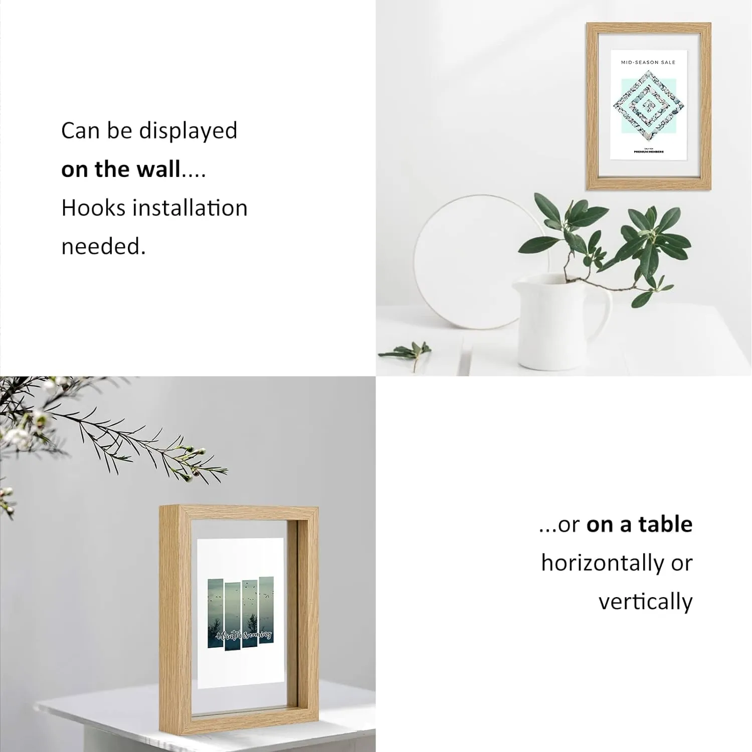 MUYE 5x7 Floating Frame Set of 2,Double Glass Rustic Photo Frame for Wall Hanging or Tabletop Standing,Also Display 4x6 or 3x5 Photo for Floating Effect,Natural