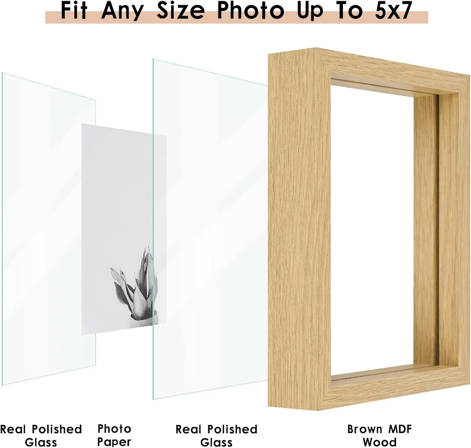MUYE 5x7 Floating Frame Set of 2,Double Glass Rustic Photo Frame for Wall Hanging or Tabletop Standing,Also Display 4x6 or 3x5 Photo for Floating Effect,Natural