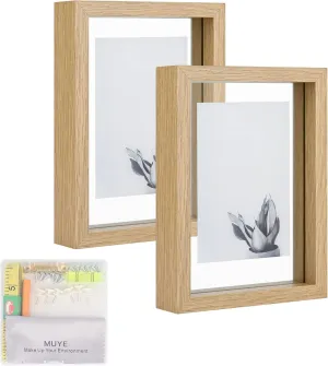 MUYE 5x7 Floating Frame Set of 2,Double Glass Rustic Photo Frame for Wall Hanging or Tabletop Standing,Also Display 4x6 or 3x5 Photo for Floating Effect,Natural