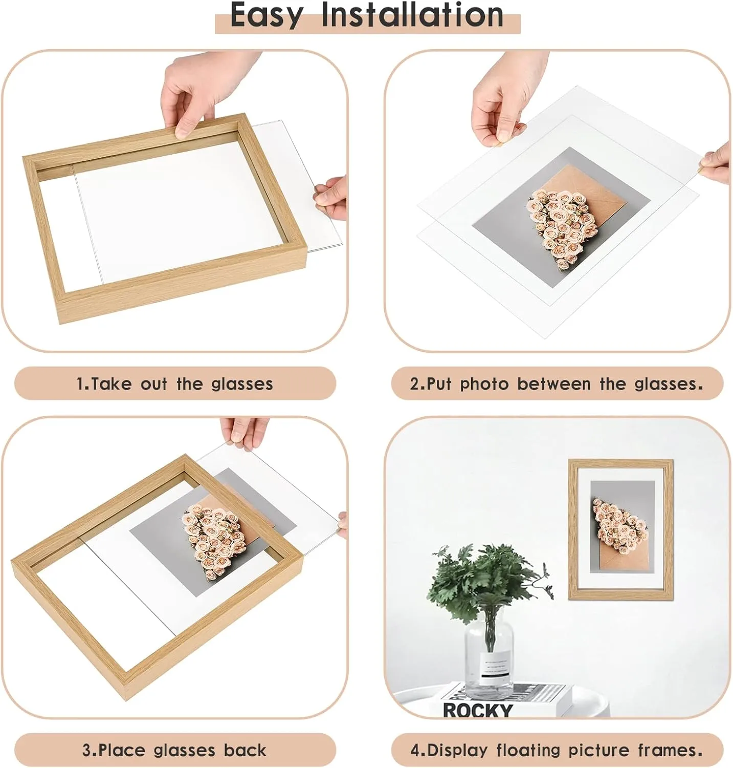 MUYE 5x7 Floating Frame Set of 2,Double Glass Rustic Photo Frame for Wall Hanging or Tabletop Standing,Also Display 4x6 or 3x5 Photo for Floating Effect,Natural