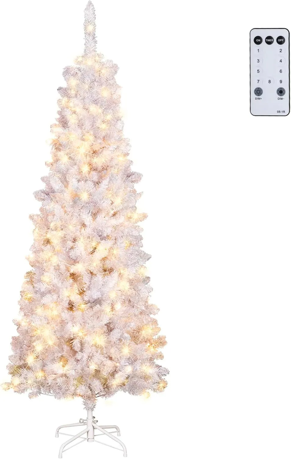 NALONE 6FT White Pre-Lit Christmas Tree with Remote Control and Timer, Pencil Artificial Hinged Slim Tree with 618 Tips, 200 Warm White/Multi-Color Lights, 9 Lighting Modes (Pencil Tree 6 FT)