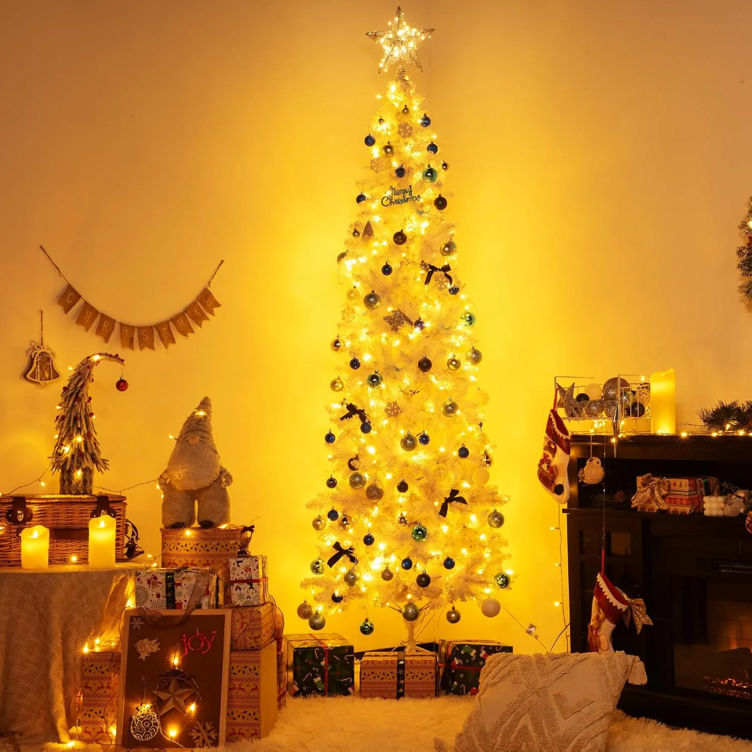 NALONE 6FT White Pre-Lit Christmas Tree with Remote Control and Timer, Pencil Artificial Hinged Slim Tree with 618 Tips, 200 Warm White/Multi-Color Lights, 9 Lighting Modes (Pencil Tree 6 FT)
