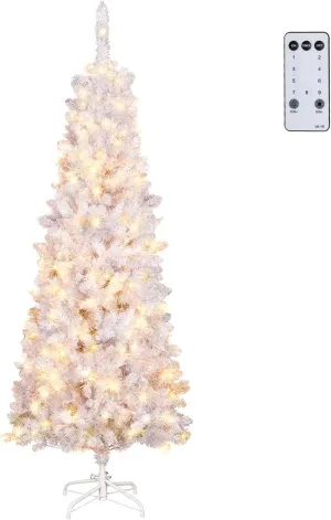 NALONE 6FT White Pre-Lit Christmas Tree with Remote Control and Timer, Pencil Artificial Hinged Slim Tree with 618 Tips, 200 Warm White/Multi-Color Lights, 9 Lighting Modes (Pencil Tree 6 FT)