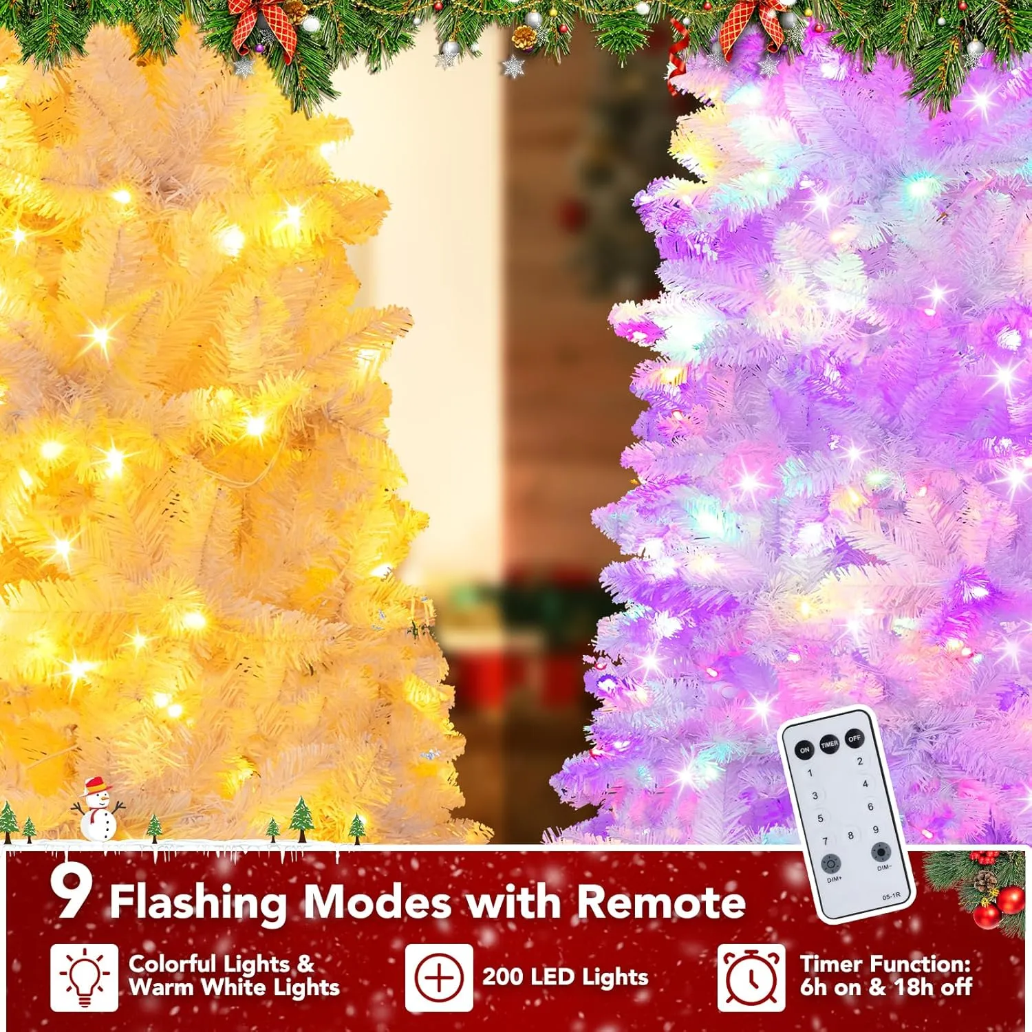 NALONE 6FT White Pre-Lit Christmas Tree with Remote Control and Timer, Pencil Artificial Hinged Slim Tree with 618 Tips, 200 Warm White/Multi-Color Lights, 9 Lighting Modes (Pencil Tree 6 FT)