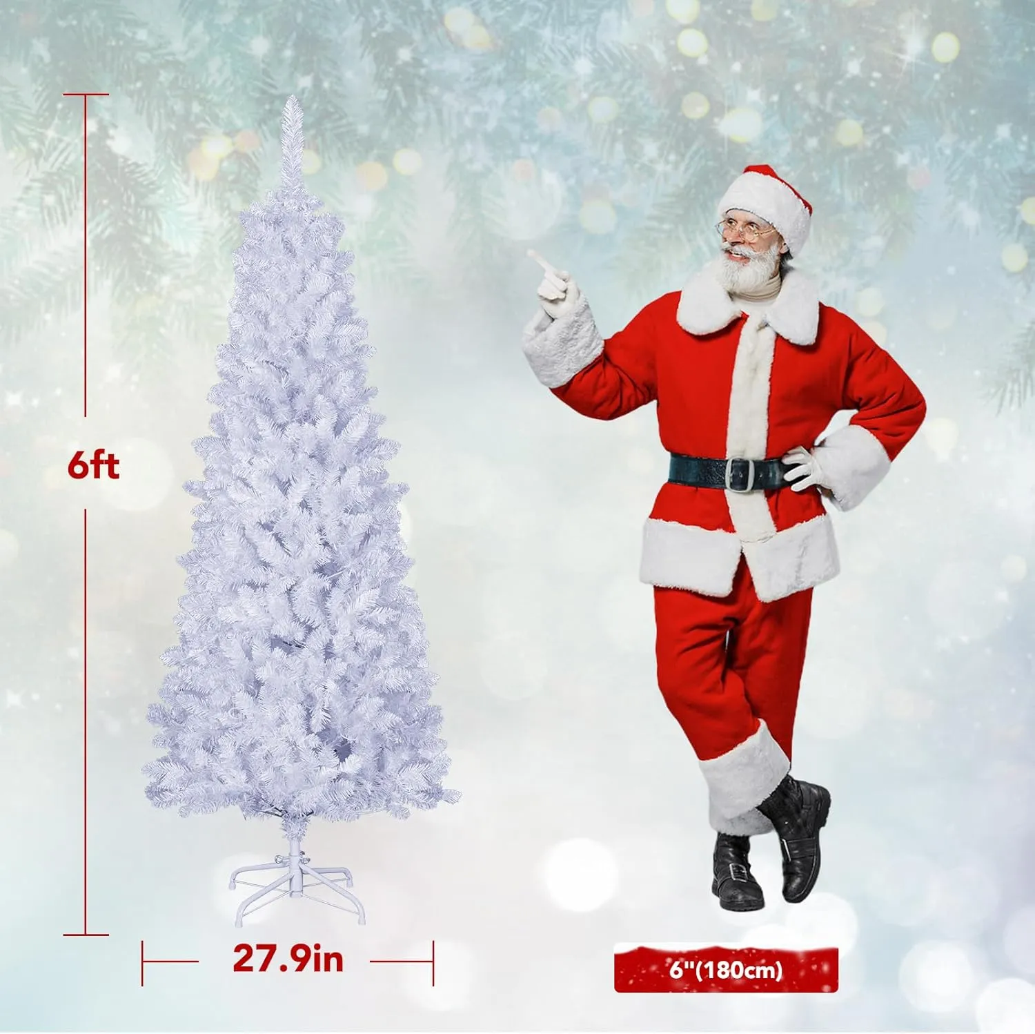 NALONE 6FT White Pre-Lit Christmas Tree with Remote Control and Timer, Pencil Artificial Hinged Slim Tree with 618 Tips, 200 Warm White/Multi-Color Lights, 9 Lighting Modes (Pencil Tree 6 FT)