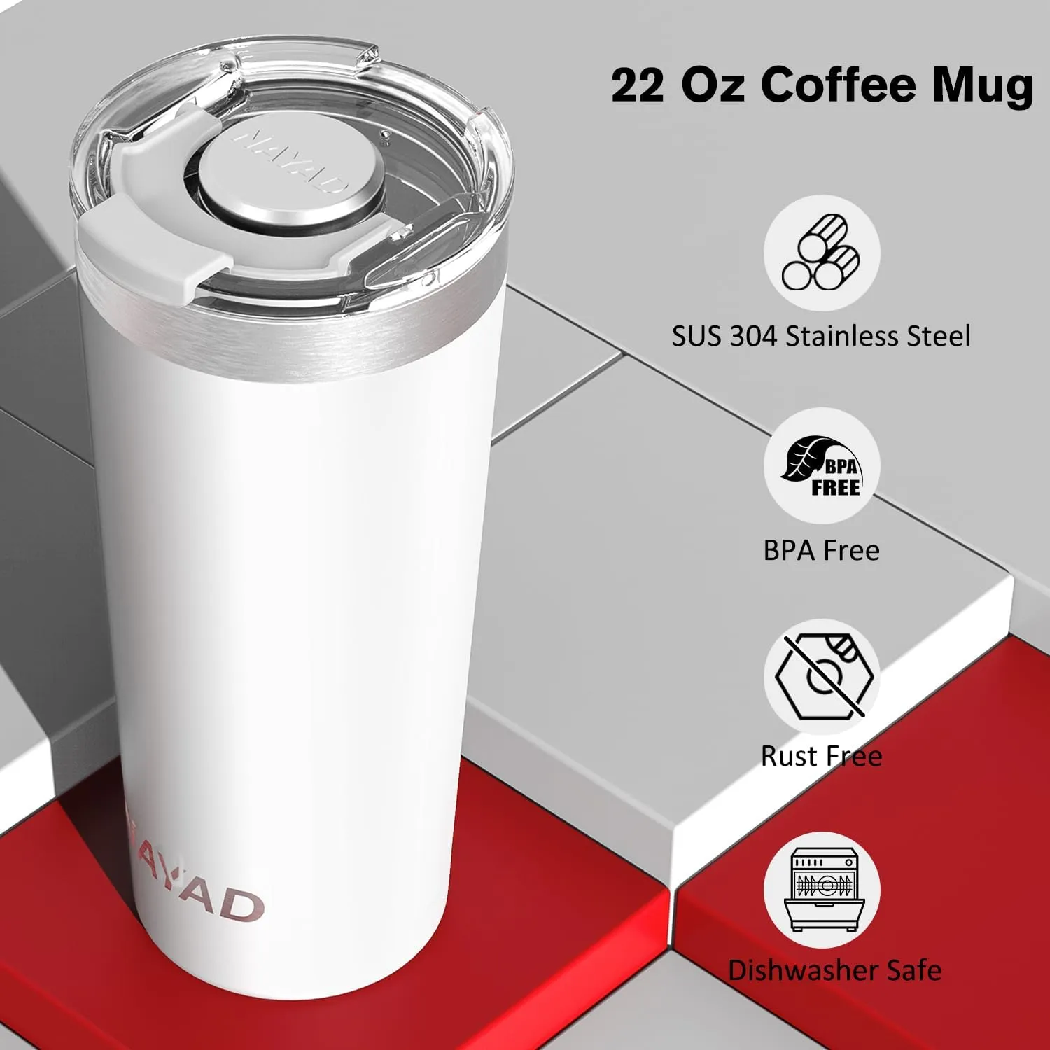 NAYAD 22oz Tumbler with Lid and Straw Travel Coffee Mug Insulated Stainless Steel Insulated Tumbler Fits Cup Holders For Cold and Hot, White