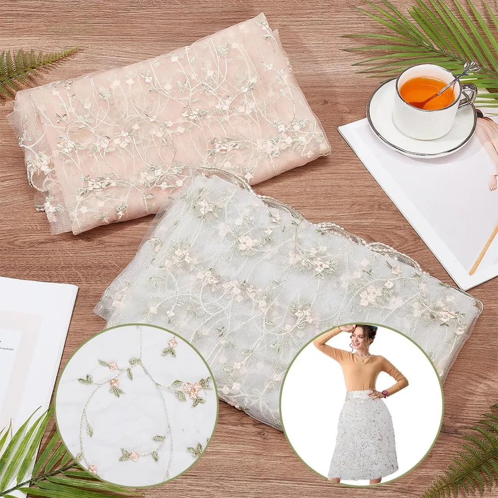 NBEADS 3 Yards Floral Mesh Lace Fabric, 51inch Wide Organza Embroidered Tulle Fabric Flowers Leaves Vine Lace Trim for DIY Wedding Handmade Clothing Evening Dress Crafts Supplies, Floral White