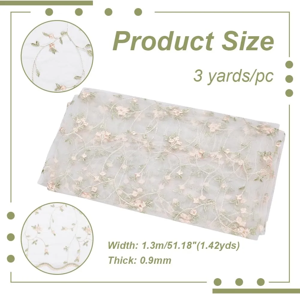 NBEADS 3 Yards Floral Mesh Lace Fabric, 51inch Wide Organza Embroidered Tulle Fabric Flowers Leaves Vine Lace Trim for DIY Wedding Handmade Clothing Evening Dress Crafts Supplies, Floral White