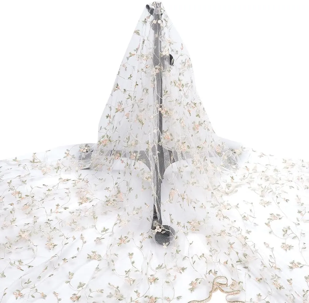 NBEADS 3 Yards Floral Mesh Lace Fabric, 51inch Wide Organza Embroidered Tulle Fabric Flowers Leaves Vine Lace Trim for DIY Wedding Handmade Clothing Evening Dress Crafts Supplies, Floral White
