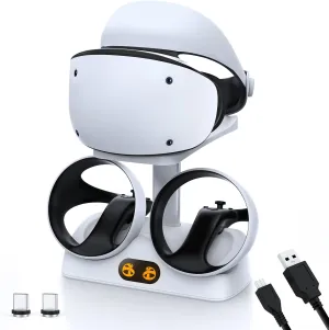 NexiGo Controller Charging Station for PSVR2, Dual Fast Charger Dock with LED Light, Headset Display Stand and Controller Mount, Magnetic Connector, USB to Type-C Cable, White