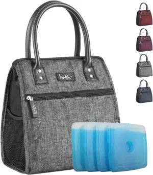 Nicole Miller Insulated Lunch Bag Tote Thermal Soft Side Wide-Open Cooler Ice Bag Lunch Box for Food with Drink Bottle Holder
