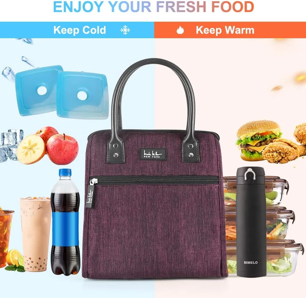 Nicole Miller Insulated Lunch Bag Tote Thermal Soft Side Wide-Open Cooler Ice Bag Lunch Box for Food with Drink Bottle Holder