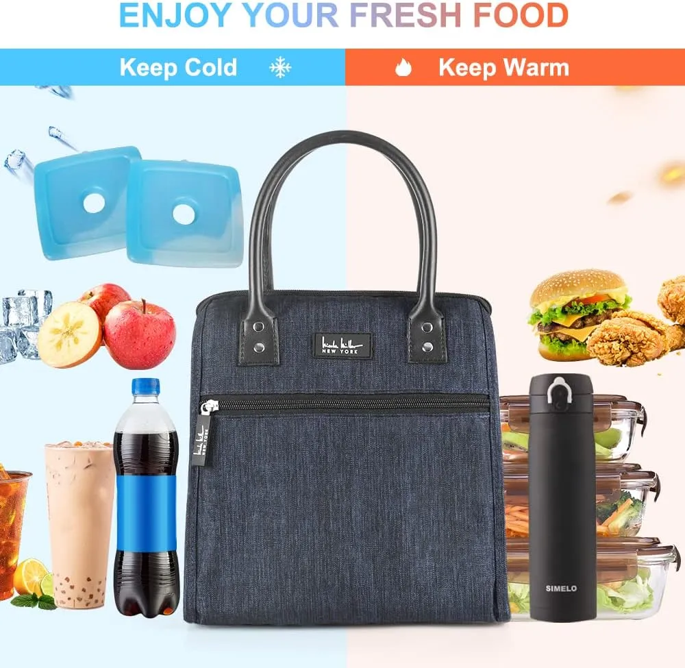Nicole Miller Insulated Lunch Bag Tote Thermal Soft Side Wide-Open Cooler Ice Bag Lunch Box for Food with Drink Bottle Holder