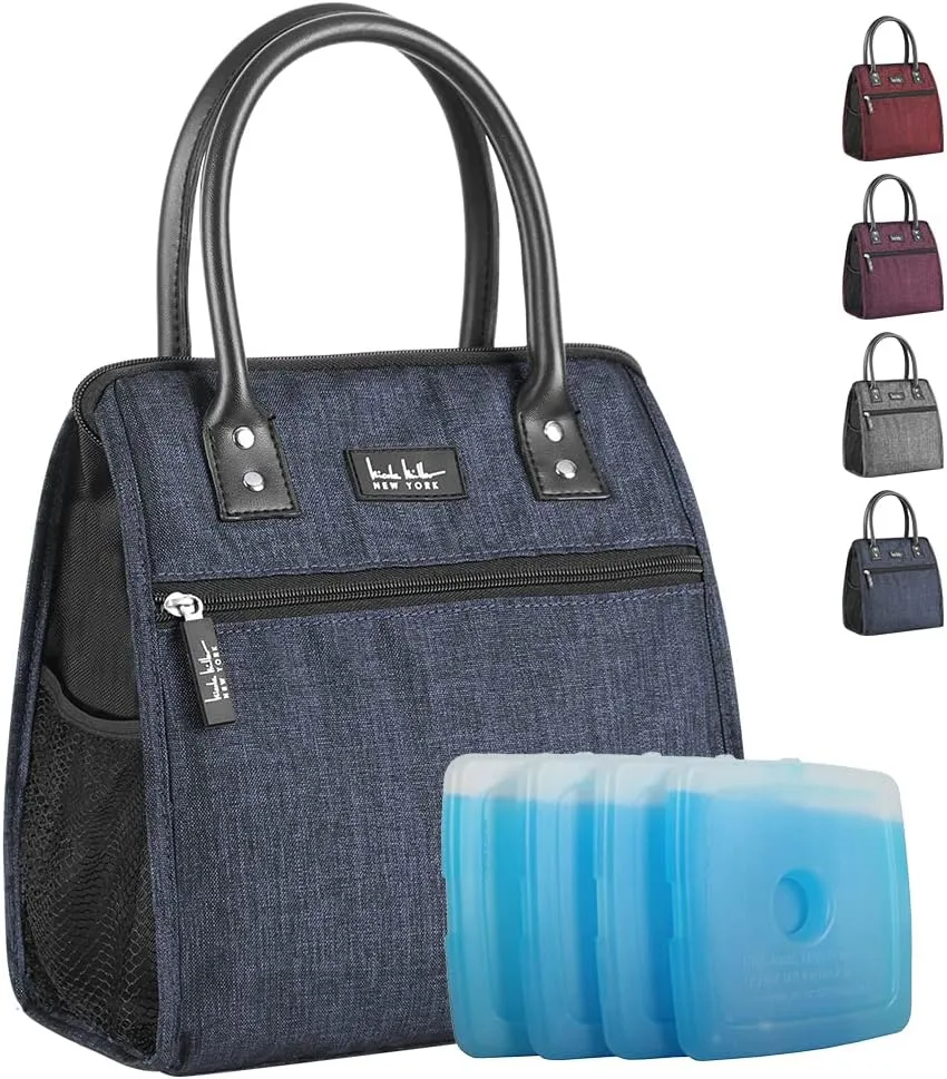 Nicole Miller Insulated Lunch Bag Tote Thermal Soft Side Wide-Open Cooler Ice Bag Lunch Box for Food with Drink Bottle Holder
