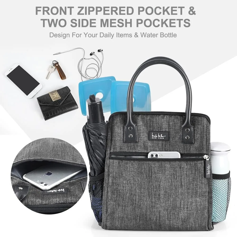 Nicole Miller Insulated Lunch Bag Tote Thermal Soft Side Wide-Open Cooler Ice Bag Lunch Box for Food with Drink Bottle Holder