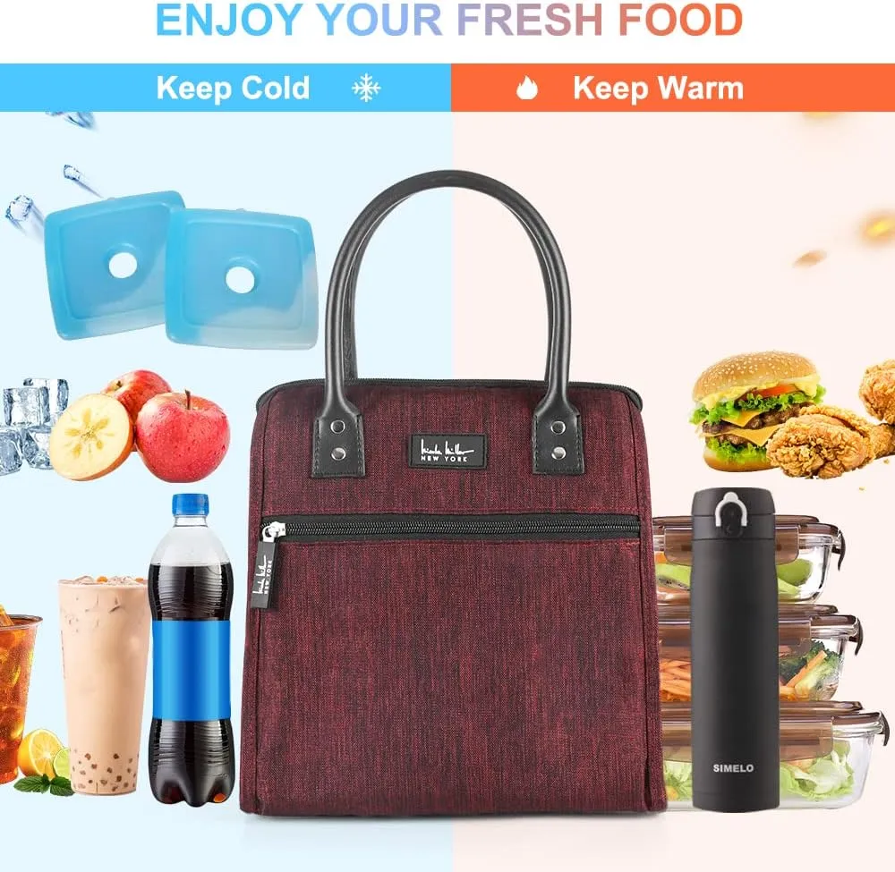Nicole Miller Insulated Lunch Bag Tote Thermal Soft Side Wide-Open Cooler Ice Bag Lunch Box for Food with Drink Bottle Holder