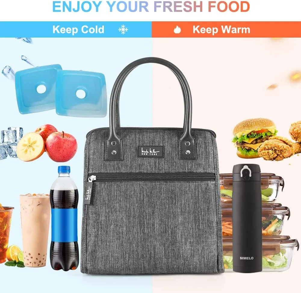 Nicole Miller Insulated Lunch Bag Tote Thermal Soft Side Wide-Open Cooler Ice Bag Lunch Box for Food with Drink Bottle Holder