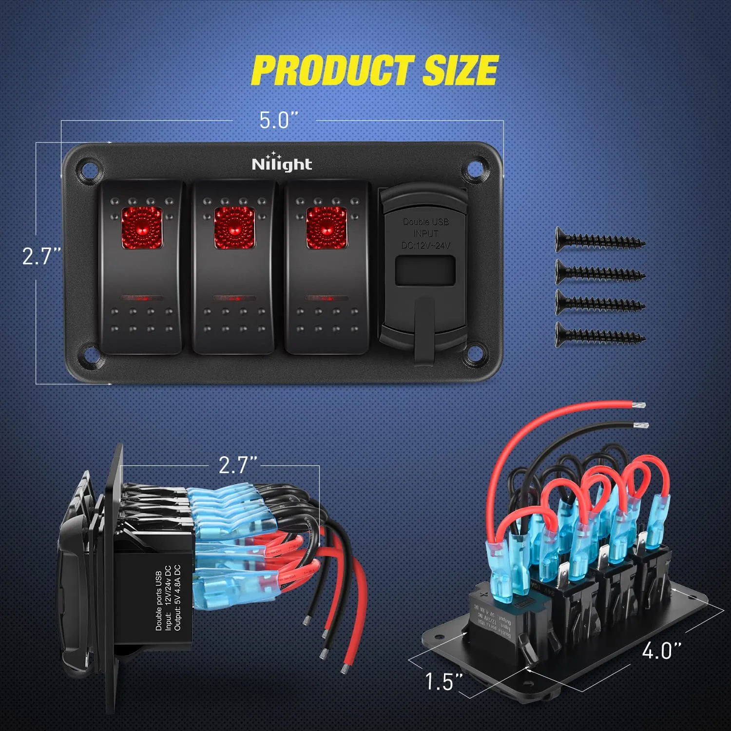 Nilight 3 Gang Rocker Switch Panel Green Backlit with 4.8 Amp Dual USB Charger Voltmeter Waterproof 12V 24V DC Night Glow Stickers for Cars Trucks Boats RVs