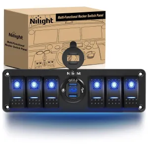 Nilight 6 Gang Rocker Switch 12V SPST ON Off Switch QC 3.0 USB Charger Voltmeter Waterproof Aluminum Rocker Switch Panel Night Glow Stickers for Boats Cars RVs Trucks, 2 Years Warranty,Blue