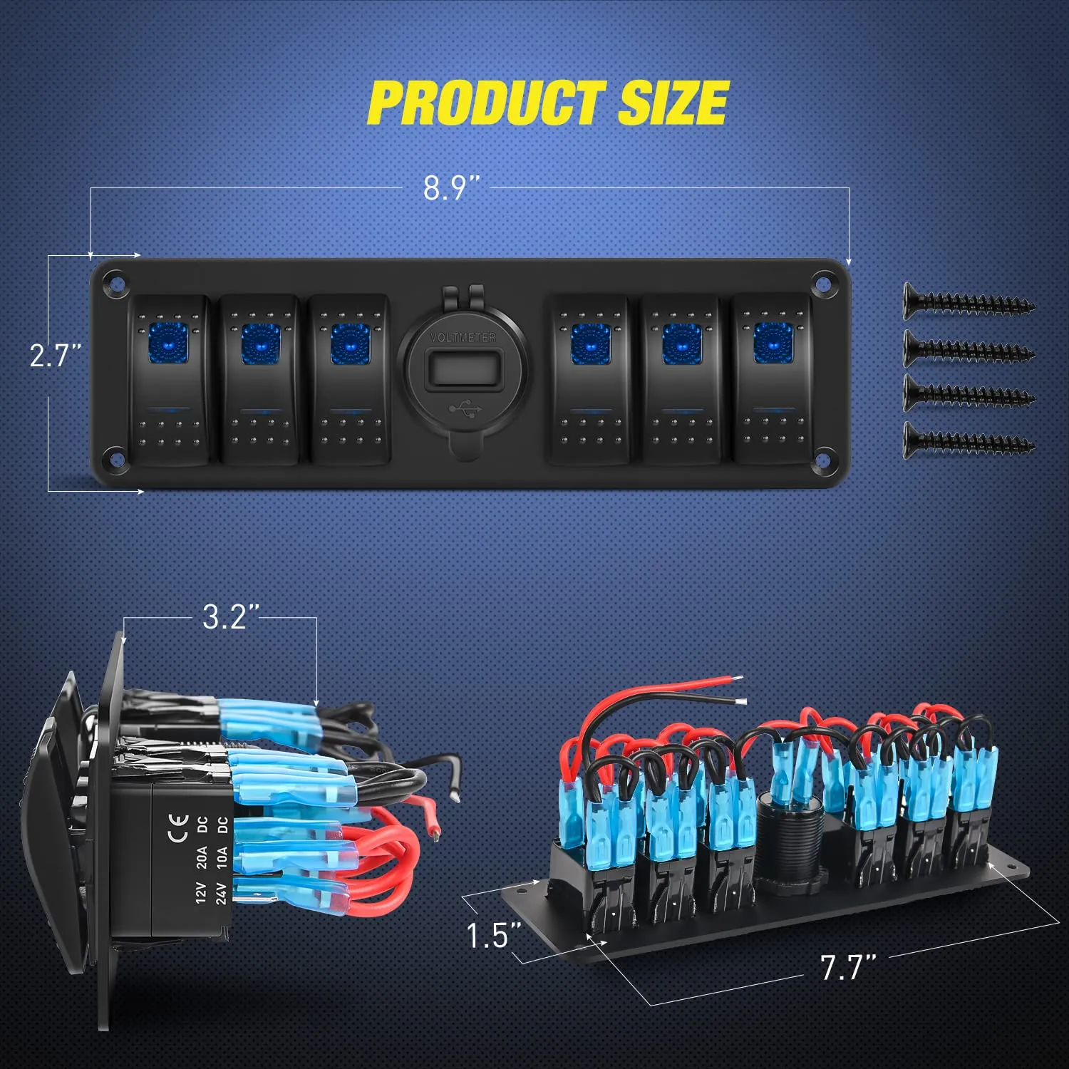 Nilight 6 Gang Rocker Switch 12V SPST ON Off Switch QC 3.0 USB Charger Voltmeter Waterproof Aluminum Rocker Switch Panel Night Glow Stickers for Boats Cars RVs Trucks, 2 Years Warranty,Blue