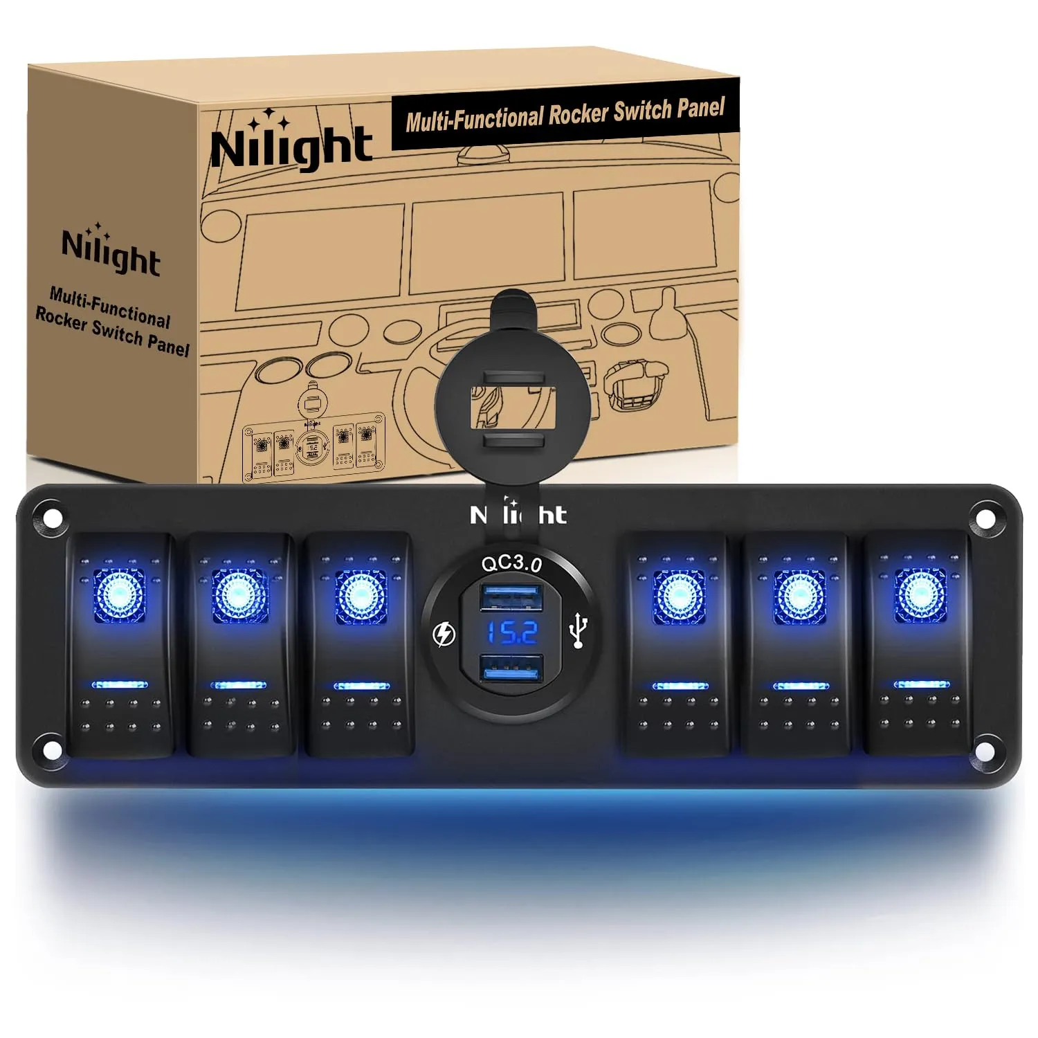 Nilight 6 Gang Rocker Switch 12V SPST ON Off Switch QC 3.0 USB Charger Voltmeter Waterproof Aluminum Rocker Switch Panel Night Glow Stickers for Boats Cars RVs Trucks, 2 Years Warranty,Blue