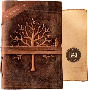 NomadCraftsCo. Vintage Leather Journal Tree of Life-Leather Bound Journal-Antique Paper-Beautiful Embossed Tree Leather Sketchbook - For Drawing Sketching and Writing-240 Pages