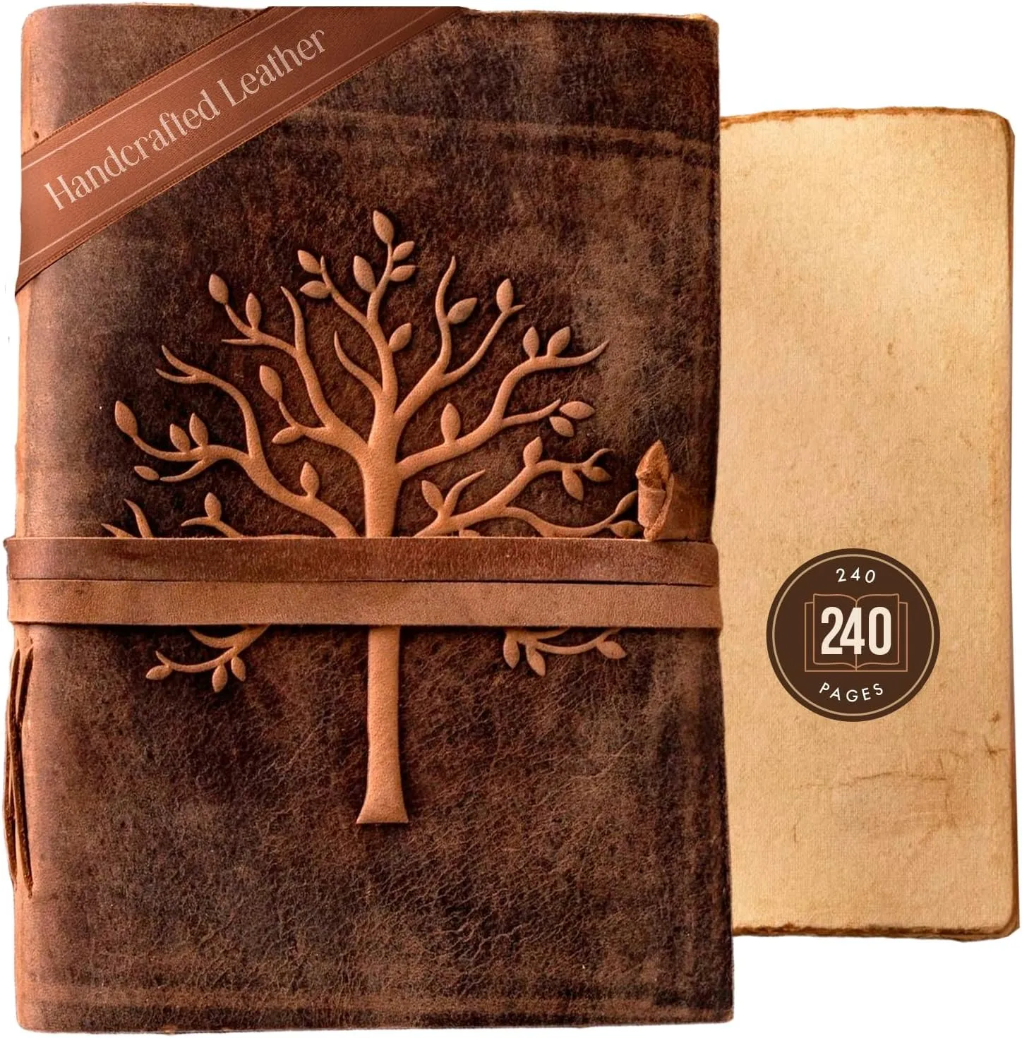 NomadCraftsCo. Vintage Leather Journal Tree of Life-Leather Bound Journal-Antique Paper-Beautiful Embossed Tree Leather Sketchbook - For Drawing Sketching and Writing-240 Pages