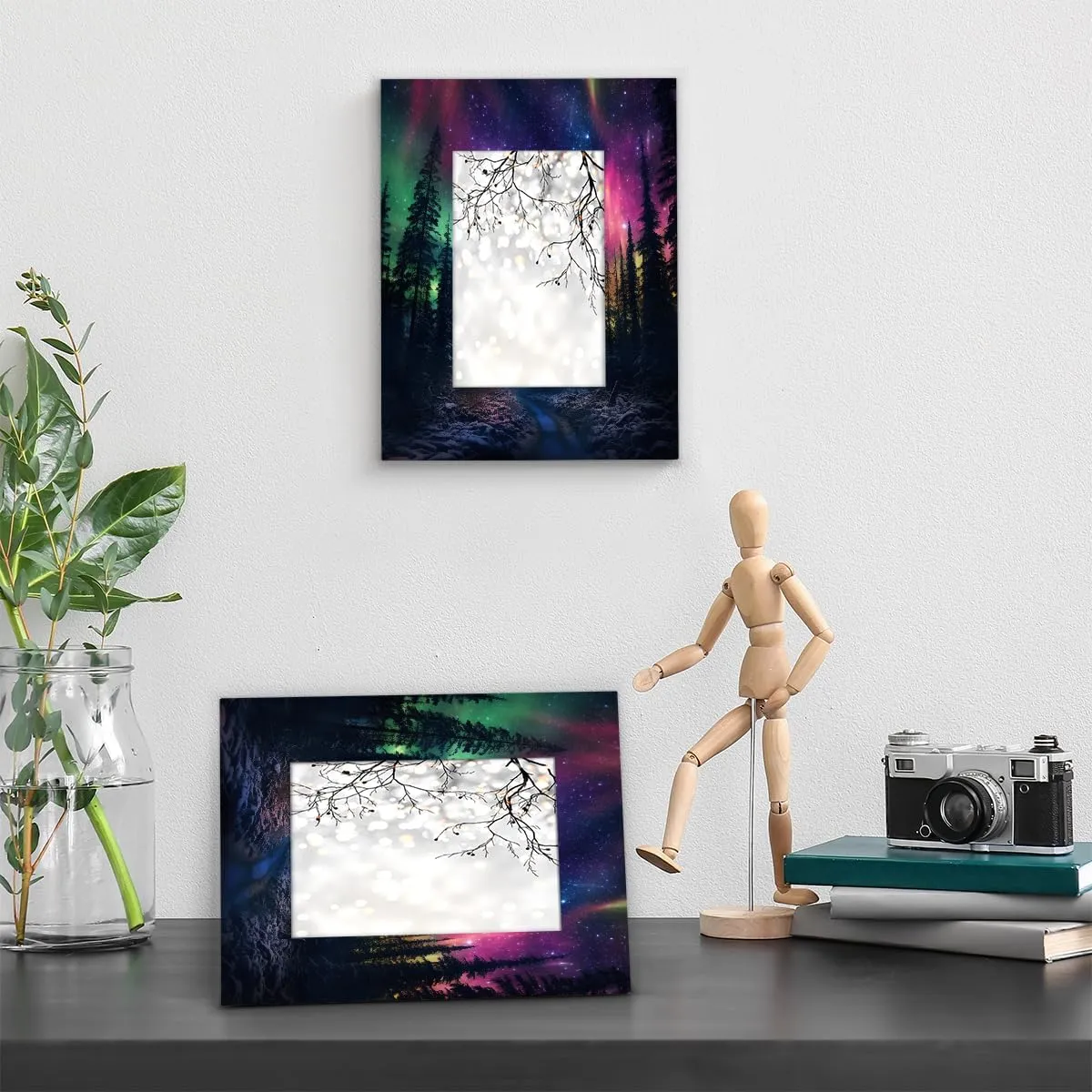 Northern Lights Aurora View Picture Frame for 5x7 Photos, Wood Photo Frames for Desk Tabletop Gallery Wall Collage Decor without Mat, Photo Gifts for Mom Kids