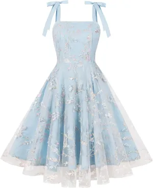 ODIZLI Women's 1950s Retro Vintage Dress Sleeveless Spaghetti Strap Embroidered Floral Dress