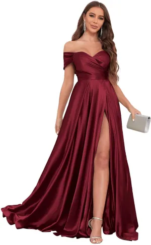 Off The Shoulder Bridesmaid Dresses for Women with Slit Satin Prom Dress Long Formal Gown
