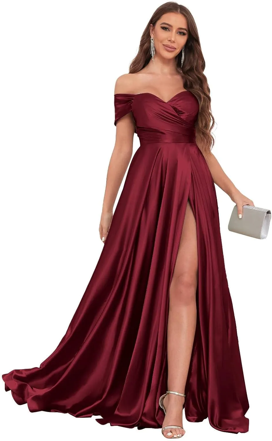 Off The Shoulder Bridesmaid Dresses for Women with Slit Satin Prom Dress Long Formal Gown