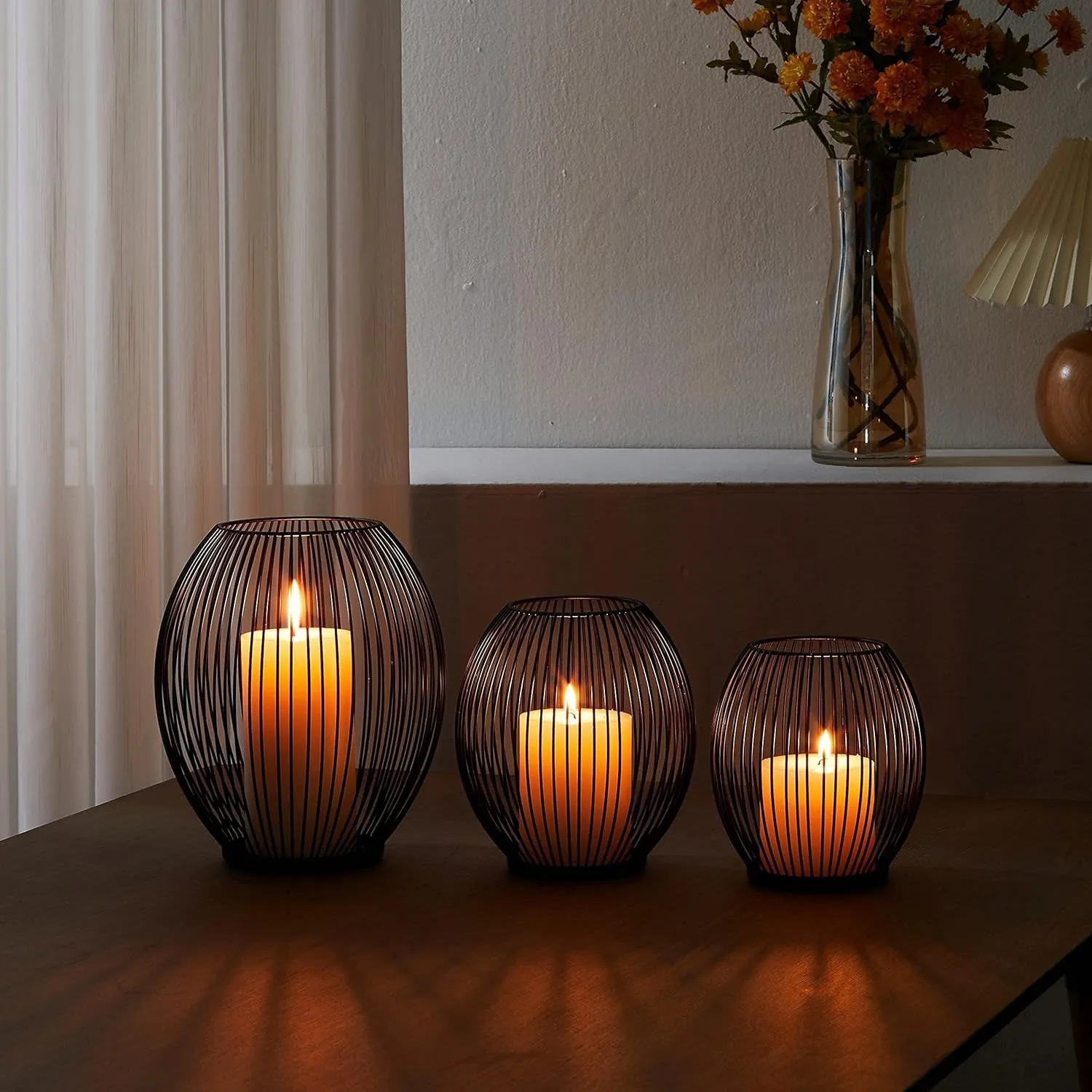 OLEEK Outdoor Candle Holder Decor Set - Black Candle Holder - Candles Holders for Table Centerpiece - Hurricane Candles Holder for Pillar Candles Cage Candle Holders Black Wire Decorative