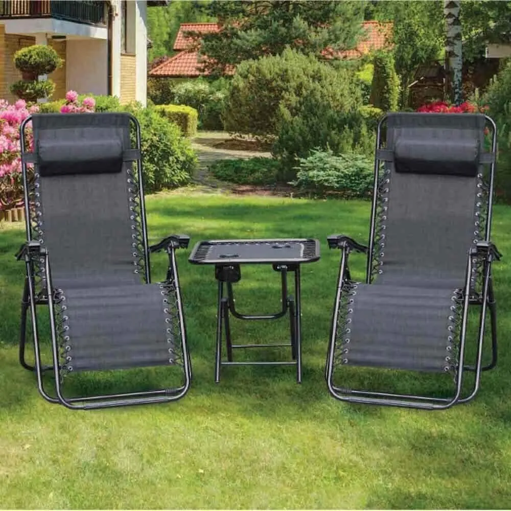 Olsen & Smith Valencia 3 Piece Zero Gravity Reclining Garden Patio Deck Chair Sun Lounger, 2 Chair & Table Set, Black