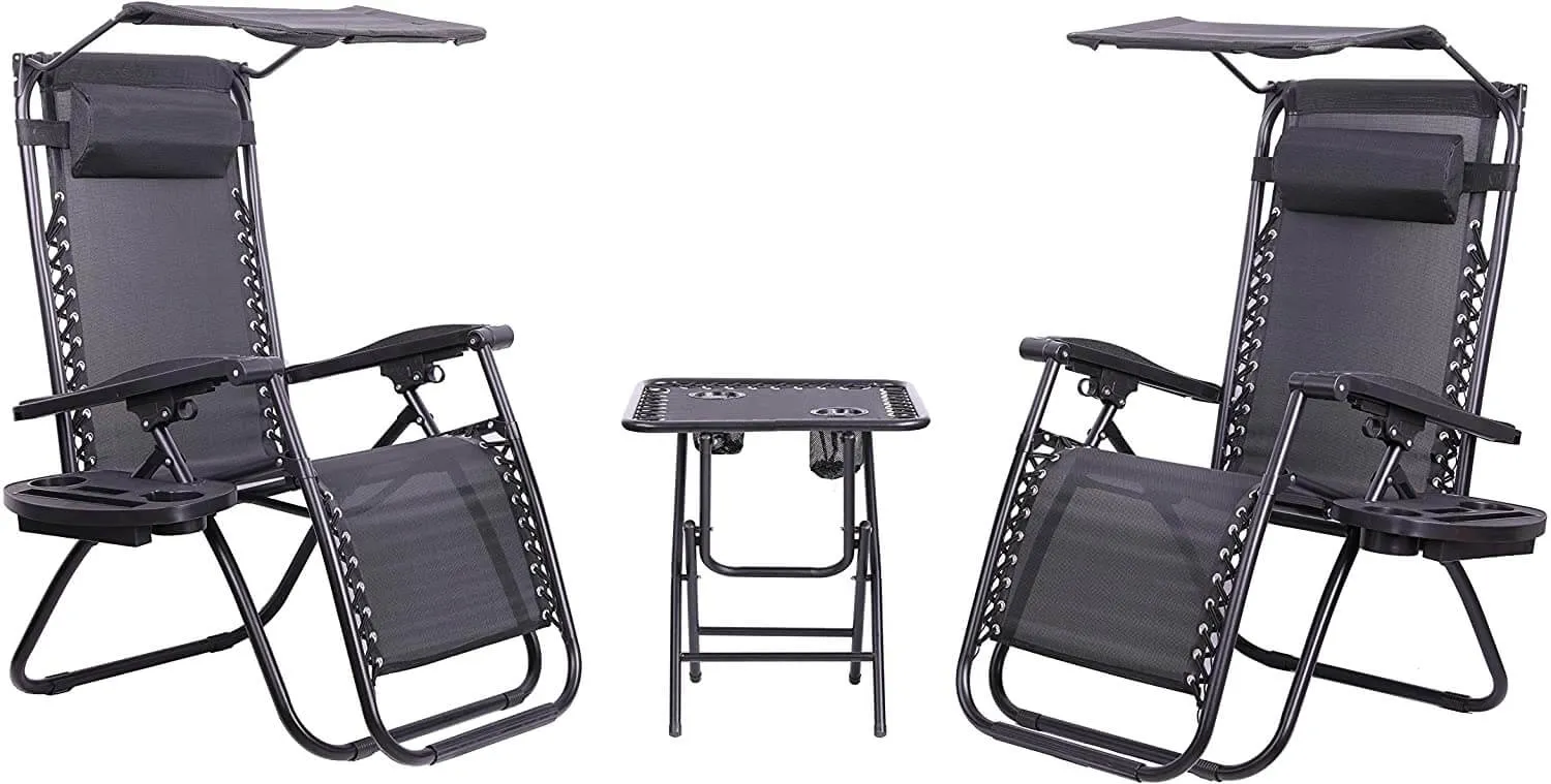 Olsen & Smith Valencia 3 Piece Zero Gravity Reclining Garden Patio Deck Chair Sun Lounger, 2 Chair & Table Set, Black