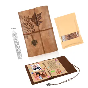 ONLVAN Leather Travel Journal Daily Notebook 6.3x9.3 Inches, Handmade Vintage Leather Journal For Men Women, Refillable Planner Blank Paper With Maple Leaf Pendants, Artists Sketchbook (khaki)