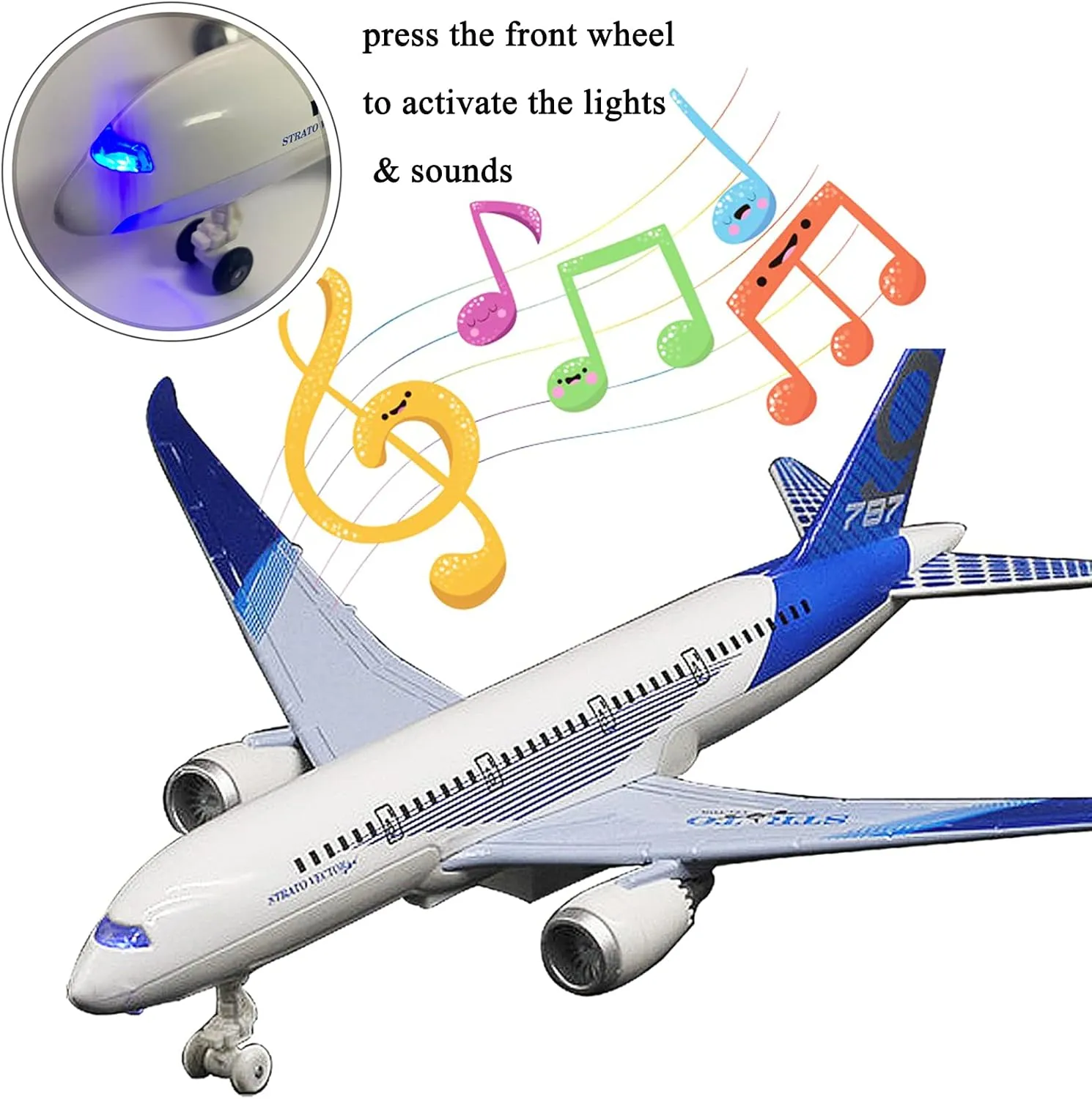 OTONOPI Airplane Toys Bump and Go Airlines Die Cast Metal Model Plane Toy with Lights and Sounds for Kids Blue