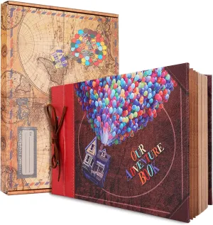 Our Adventure Book 11.9 x 7.6 Inch 80 Pages Scrapbook Photo Album, 3D Retro Embossed Letter Leather Hard Cover Movie Up Travel Journal Memory Book For Couples,For Best Friend,For Christmas Gift