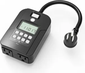 Outdoor Digital Timer for Lights, 7-Day Programmable Plug Waterproof in Timer with 2 Grounded Outlets for Landscape String Light, 15A, 1/2 HP UL Listed, 7 Day Dusk to Dawn Programmable Timer